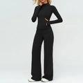 Women's black three-piece yoga set with zip-up jacket and wide-leg trousers - S / Top And Bottom / Premium Black