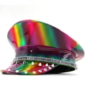 Cappello da capitano laser olografico colorato con borchie argentate e strass - Regolabile / Paillettes Iridescenti Arcobaleno