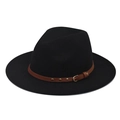 Chapeau fedora en laine noire à bord large avec ruban en cuir brun et rivets en métal - Noir