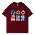 Short sleeve burgundy crew neck T-shirt with sunflower and US flag bottle print - Burgundy