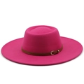 Detail of rose red wool fedora hat featuring a brown leather belt buckle strap accessory - M (56-58cm) / Rose Red