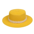 Yellow wide-brim straw sun hat with white lace floral trim and pearls in a flat lay view - Pearl Lace Decor Band Style (302FF)