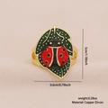 Golden ladybug and green leaf open ring with red enamel and copper zircon details - 5# Ladybug and Green Leaf Style