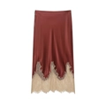 Gonna midi in raso rosso ruggine con elegante bordo in pizzo dorato su sfondo bianco - XS / Rosso Mattone (Con pizzo dorato)