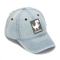 Macro view of blue denim cap featuring a pixel dinosaur patch and reinforced stitching - 52-54cm / Light Blue