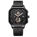 Poedagar men's waterproof quartz watch with black square case and orange stitch leather strap - 628 Black Case Gold Marker Leather Strap (Functional Chronograph)