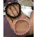 Couples beaded bracelets with 8mm black matte and pink crystal beads and magnetic heart buckle - Rose Quartz with Matte Crown Round Beads (粉晶磨砂皇冠圆)