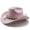 Pink suede western cowboy hat with white fringe, shells, and woven ethnic band accents - M(56-58cm) / Pink