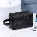 Classic black PU leather travel toiletry bag for men, size 21x12x14cm with side handle - Black Square Bag
