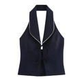 Marineblauwe haltervest met witte kantafwerking en dubbele strikdetails voor dames - XS / Marineblauw