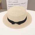 Handmade beige boater straw hat with black grosgrain ribbon and flat bow detail - Flat Top Boater Hat with Bow - Beige