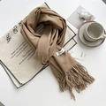 Soft cashmere-feel camel scarf with tassel hem and brand tag on minimalist background - Camel