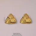 Golden stainless steel triangle earrings with textured ribbed surface and geometric design - Stainless Steel Ridged Triangle