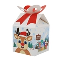 Christmas gift box with reindeer cartoon print and red bow on white background - Reindeer