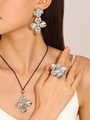 Silver vintage oversized cutout flower jewelry set with ring, necklace and earrings - 花朵首饰三件套(N-273+N-275+N-277)
