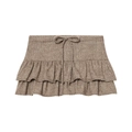 Brauner Mini-Stufenrock aus Tweed mit Fischgrätmuster und Kordelzug auf weißem Grund - XS / Culotte-Hose