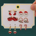 6-pair Christmas stud earrings set featuring Santa, snowman, and holiday motifs on card - 39 Tree Cane (6 Pairs Set)
