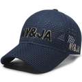 Dark blue breathable mesh baseball cap with NY&JA embroidery from a side angle - Navy Blue