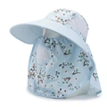Women's light blue floral sun hat with wide brim, face cover and neck protector flap - Blue