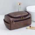 Brown leather large capacity travel toiletry bag with front pocket and side handle - Hanging Style / Dark Brown