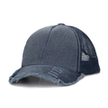 Distressed navy blue trucker hat with breathable mesh back and frayed brim details - One Size / Navy Blue