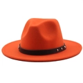 Detailed shot of orange wool fedora featuring a black leather belt with silver rivets - M (56-58cm) / Orange