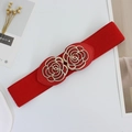 Elastic red waist belt for women with elegant golden double rose metal buckle - Red / 75cm