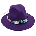 Detailed close-up of ethnic beaded band and turquoise stone on purple wool fedora hat - One Size / Deep purple