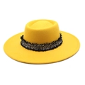 Detail of yellow wool felt fedora featuring a black and gold textured tassel band - M(56-58cm) / Yellow