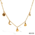Gold stainless steel link chain necklace featuring charms of rose, moon, ghost and paw - Gold Necklace (KD1579)