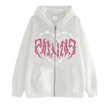 White zip-up spider web print hoodie with pink Y2K RINAS graphic design - White (Thorn Heart Print)