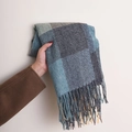 Soft blue and grey checkered faux cashmere scarf with tassels held by hand - 180*70cm / Peacock Blue