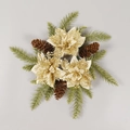 Ghirlanda per candela natalizia con stelle di Natale dorate, pigne e aghi di pino - Anello per candela in PE a tre punte con fiori glitterati oro