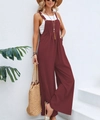 Detail of wine red linen jumpsuit featuring textured fabric and French casual summer style - S / Burgundy
