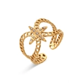 Adjustable gold plated stainless steel ring with starburst pattern and zircon stones - Adjustable Open / Vintage Zirconia Four-pointed Star Open Ring