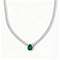 Silver stainless steel flat chain necklace featuring a pear-cut green zircon pendant - Silver with Green Cubic Zirconia
