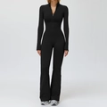 Slim fit black long sleeve thermal yoga jumpsuit with zip collar and flared leg pants - S / Top And Bottom / Premium Black