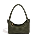 Dark green hand-woven tote bag with leather texture and decorative gold sphere charm - Mustard Green