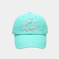 Detail of mint green washed cotton baseball cap with white cursive motivational embroidery - Adjustable / Light Blue