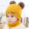 Yellow knit baby winter set with double pompoms and love me more embroidered scarf - One Size / Squinting Style / Yellow