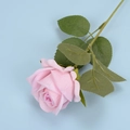 Lifelike pink velvet artificial rose branch with realistic petals and green stem on blue - Pink Center