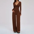 Women's brown yoga set with cross V-neck long sleeve top and high waist wide leg pants - S / Top And Bottom / Chocolate Brown