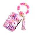 Pink floral leather wallet with silicone bead bracelet and tassel keychain for women - Rose Red