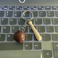 Mini baseball keychain with brown leather ball and wooden bat on a silver metal ring - Khaki