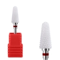 Ceramic nail drill bit in white cone shape with red band and plastic holder base - HF-27 Cone Ceramic Drill Bit (F Fine)