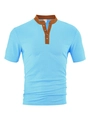 Close-up of sky blue textured knit shirt with brown trim collar and button detail - Light Blue