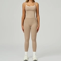 Ensemble de yoga côtelé deux pièces beige avec bretelles blanches et legging taille haute - S / Vest+Leggings - Contrast Brown/White