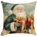 Green vintage Santa Claus watercolor illustration on square linen Christmas pillow case - YMD15-32 (Green Santa Gifts)