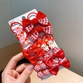 14-piece red New Year hair accessory set for girls with plaid bows and cartoon charms - Red Houndstooth Patchwork Hair Tie 12-Piece Set