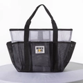 Black and white mesh beach bag with multi-pocket layers and sturdy woven handles - Black